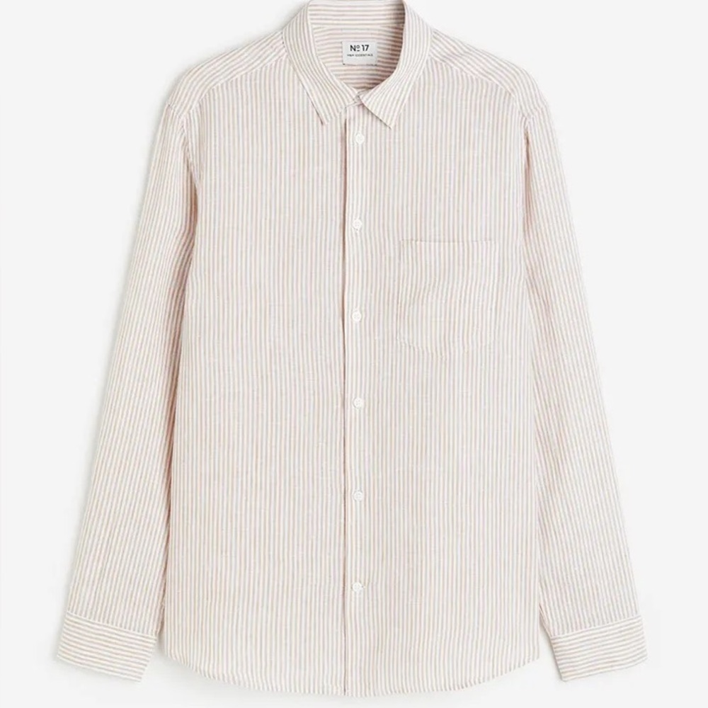 Men's Beige 100% Linen Striped Button-Down Shirt